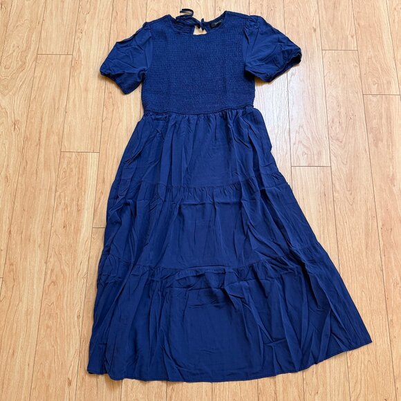 Zesica Women's XL Navy Crew Neck Short Puff Sleeve Smocked A Line Midi Dress - Picture 1 of 7
